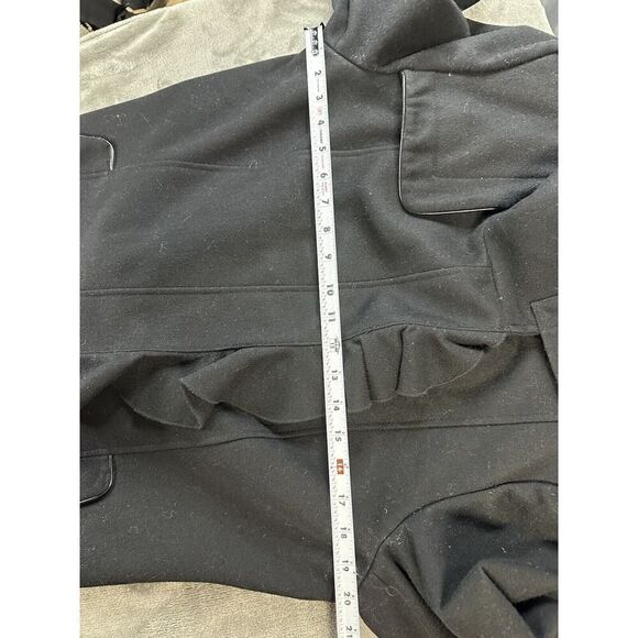 TAHARI~BLACK WOOL RUFFLE SNAP FRONT LEATHER TRIM COAT sz 14 - Picture 13 of 16